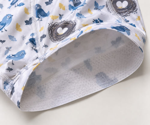 Close-up of a white mens Boxer or fabric panel printed with blue birds, gray nests, and small yellow leaves, showing the inner non slip lining