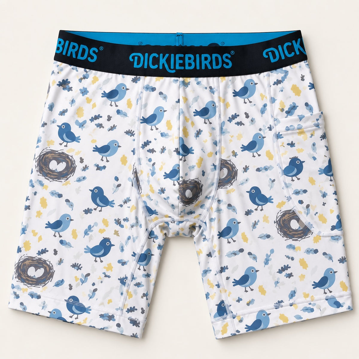 A pair of DickieBirds mens boxer briefs featuring a white base with a blue, gray, and yellow bird pattern, complete with a black waistband and blue brand lettering.