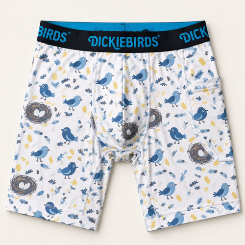 A pair of DickieBirds mens boxer briefs featuring a white base with a blue, gray, and yellow bird pattern, complete with a black waistband and blue brand lettering.