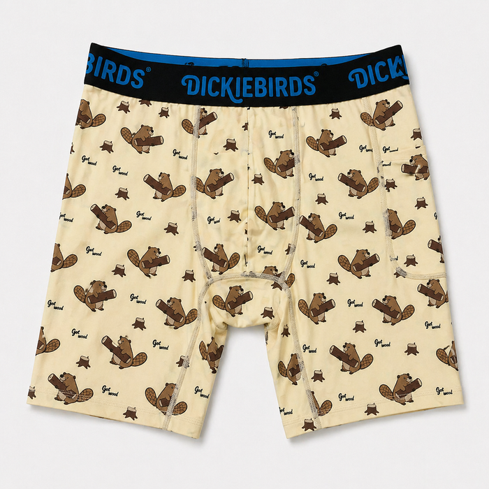 Dickiebirds men’s boxer briefs with pocket and pouch in beaver print performance underwear