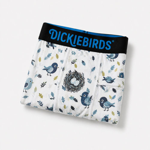 Dickiebirds men’s boxer briefs with pocket and pouch in blue bird print performance underwear folded