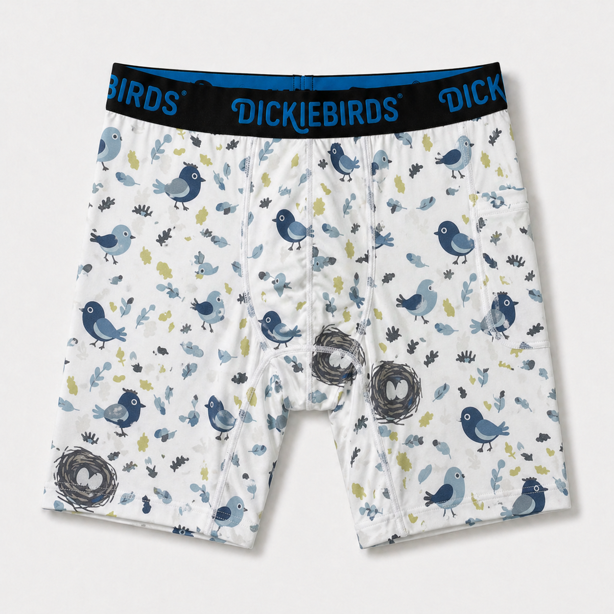 Dickiebirds men’s boxer briefs with pocket and pouch in blue bird print performance underwear