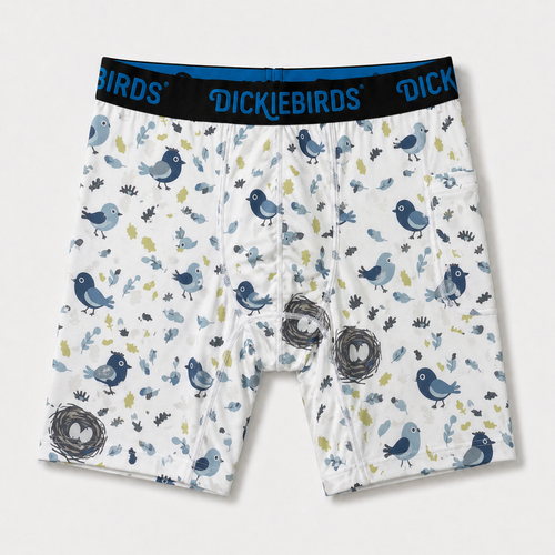 Dickiebirds men’s boxer briefs with pocket and pouch in blue bird print performance underwear