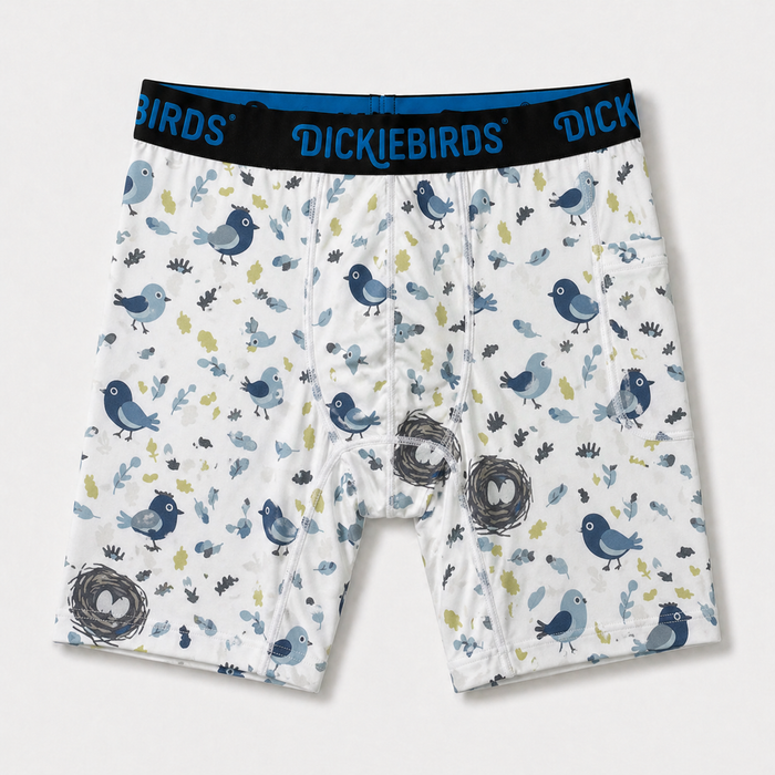 Dickiebirds men’s boxer briefs with pocket and pouch in blue bird print performance underwear