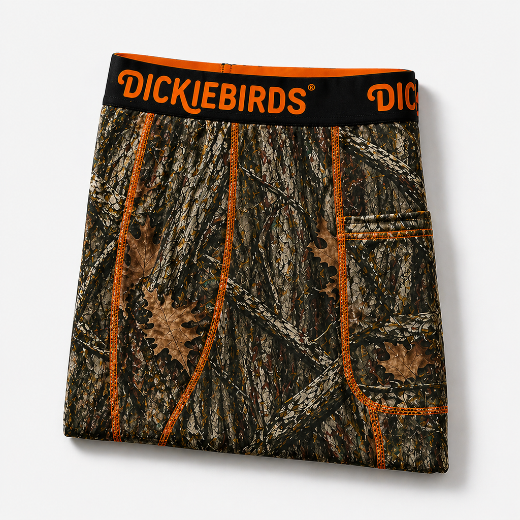 Dickiebirds men’s boxer briefs with pocket and pouch in realtree camo performance underwear folded.