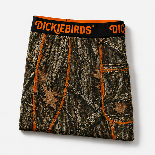 Dickiebirds men’s boxer briefs with pocket and pouch in realtree camo performance underwear folded.