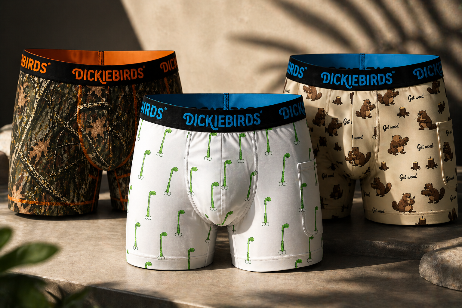 Dickiebirds men’s boxer briefs with built in pocket and pouch, featuring camo, golf, and beaver patterns